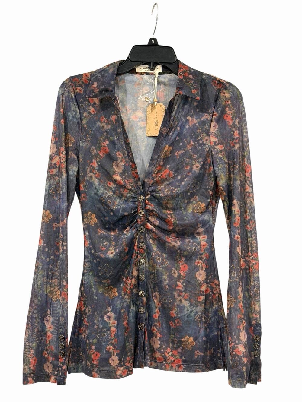 Natural Life NWT Meshed Floral Ruched Button Down Top M Boho Whimsigoth